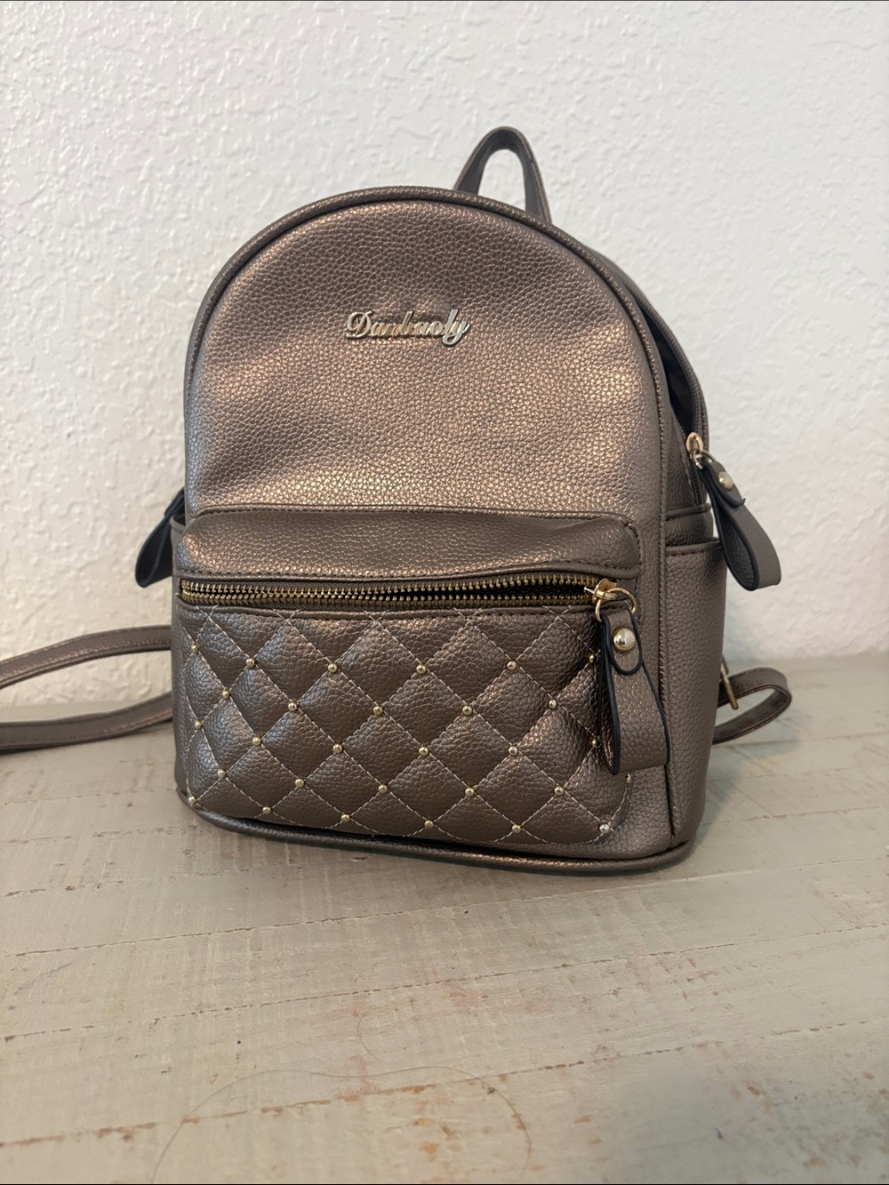 Danbury Mint Metallic Taupe Quilted Pocket Backpack